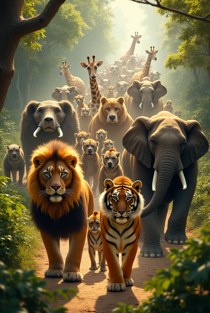 Lions and tigers, and bears too
Monkeys and giraffes, and elephants in line