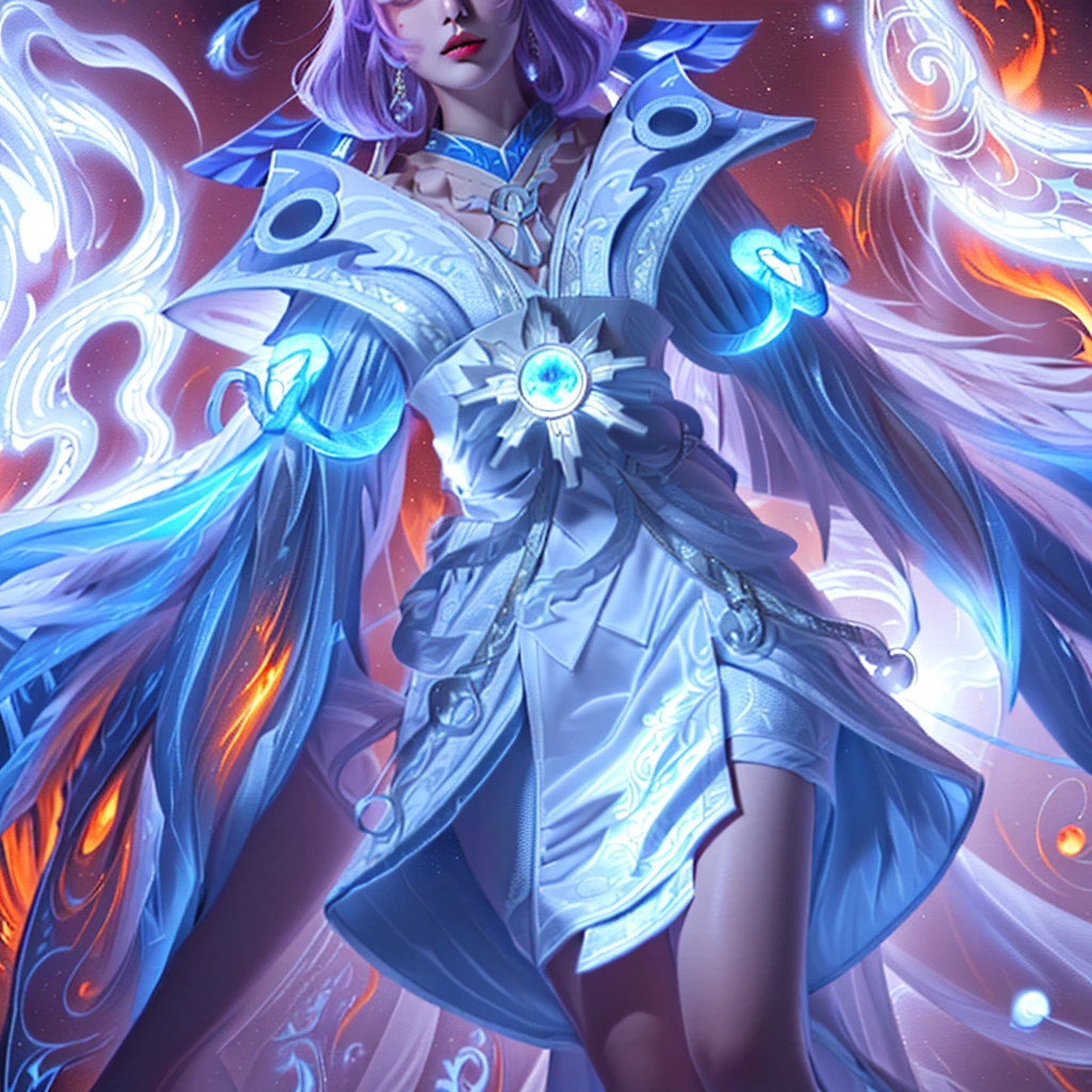 a woman in a white dress holding a sword and a fire ball, beautiful celestial mage, onmyoji detailed art, full portrait of elementalist, onmyoji, epic mage girl character, by Yang J, fire mage, flowing magical robe, heise jinyao, extremely detailed artgerm, female mage, ne zha from smite, ornate flowing robe