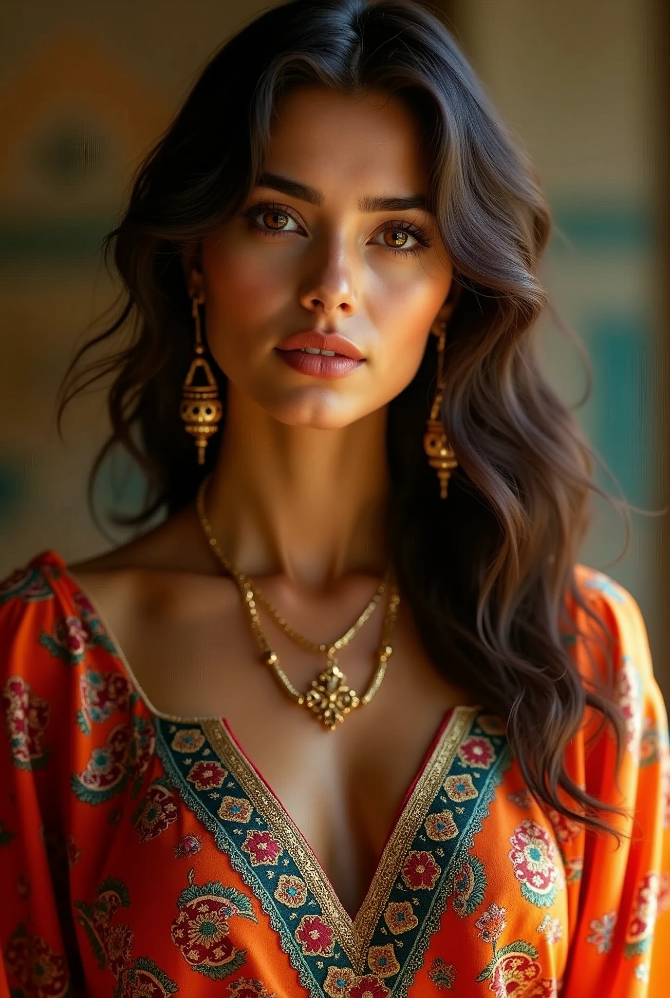 A beautiful Moroccan girl, brown dark eyes, 26 years old, olhos amendoados, oval face shape, Wavy hair, 170cm, 65kg, high-detailed face, Detailed texture skin, elegant poses, colorful moroccan dress, gold jewelry, natural lighting, dramatic shadows, Warm Color Palette, portraite, realisitic, photorealisitic, 8k, work of art