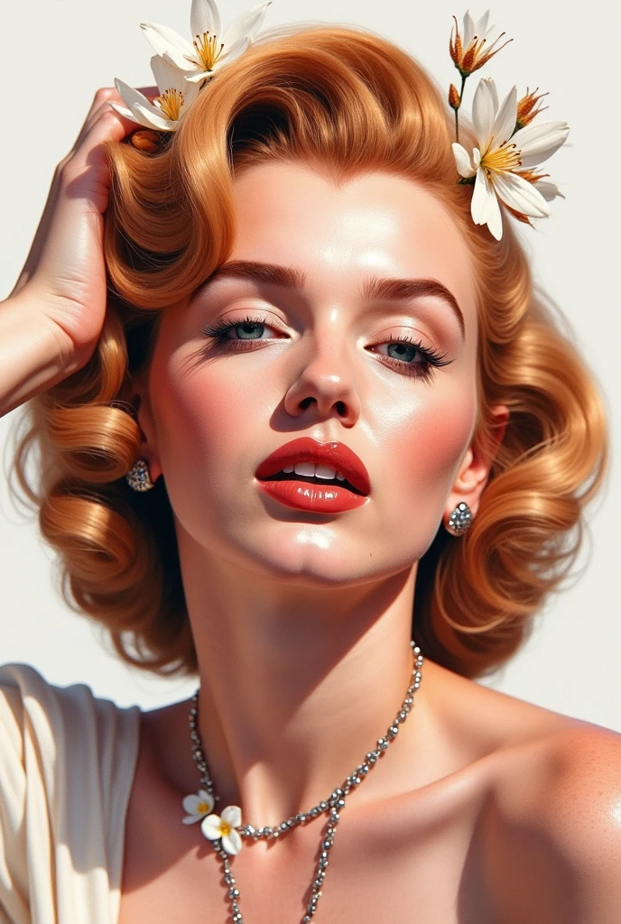 close-up of Marilyn Monroe wearing a necklace , Put your hands on your head, Decorate your hair with flowers, White Background, Dramatic lighting, Cinema Lighting, captivating facial details, A detailed, 20 years old, Incredible beauty, gorgeous and beautiful, Redhead Goddess, 美しい女性のWatercolor, masterpiece, Ultra-realistic, Detailed face. Watercolor.