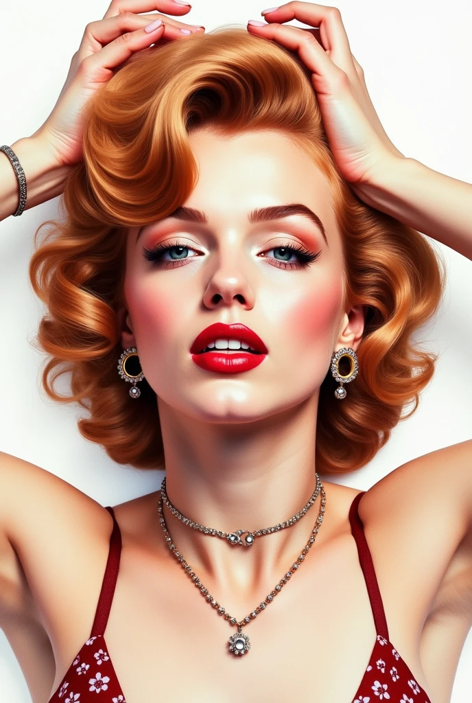 close-up of Marilyn Monroe wearing a necklace , Put your hands on your head, Decorate your hair with flowers, White Background, Dramatic lighting, Cinema Lighting, captivating facial details, A detailed, 20 years old, Incredible beauty, gorgeous and beautiful, Redhead Goddess, 美しい女性のWatercolor, masterpiece, Ultra-realistic, Detailed face. Watercolor.