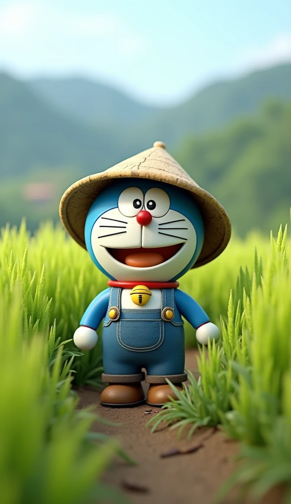 Doraemon dressed as a farmer wearing a conical hat to help people harvest rice 3D image 