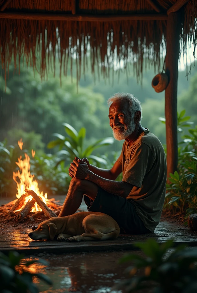 ( photo realism 1.2) photo realistic high detailed old native male smile sitting on jungle hut with dog sleeping under the dog after rain morning mode with campfire cinematic