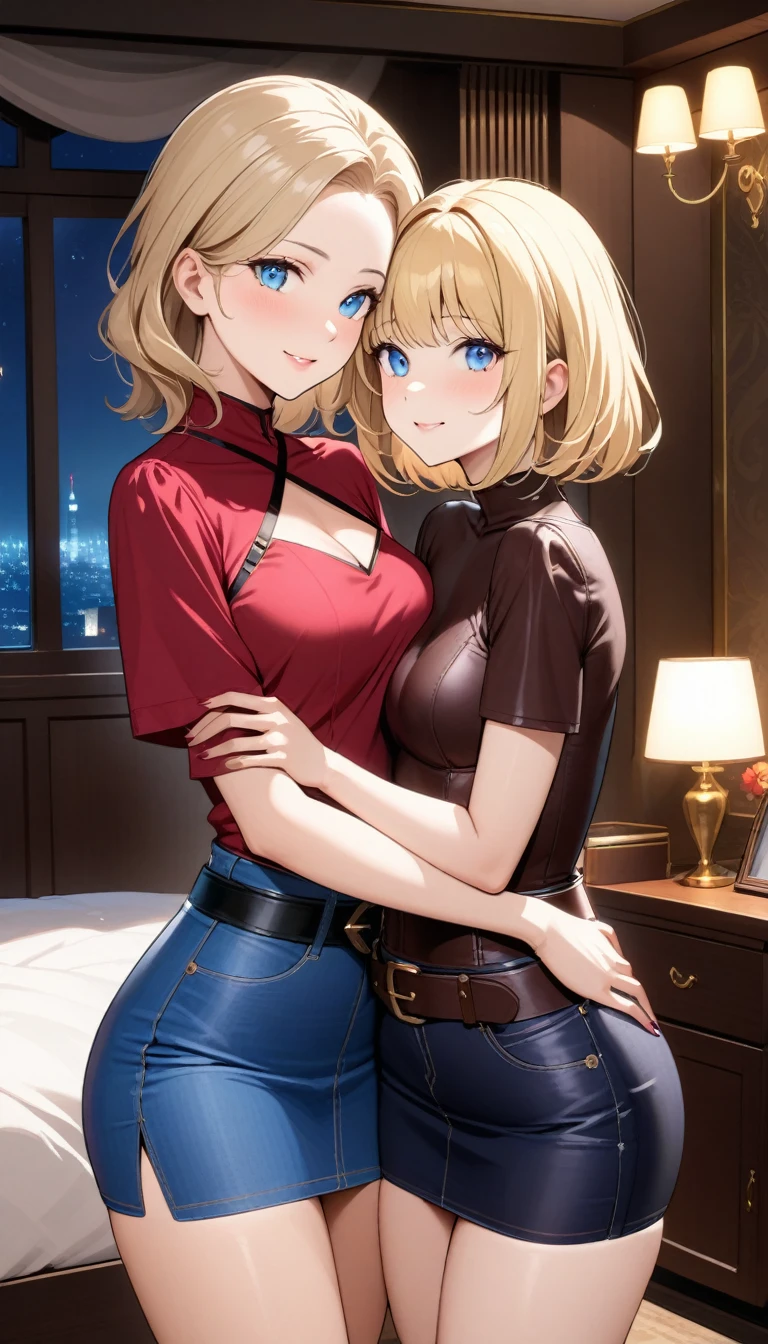 Two beautiful ladies ((lady 1: 35y old mom, with short straight blonde hair, lady 1 with blue eyes and caucasian skin, lady 1 wearing Tight Denim Skirt and Leather Belt, lady 1 Sexy Criss Cross Mock Neck Short Sleeves Burgundy Blouse)), ((lady 2: 13y old daughter, with short straight blonde hair, lady 2 with blue eyes and caucasian skin, lady 2 wearing Tight Denim Skirt and Leather Belt, lady 2 Sexy Criss Cross Mock Neck Short Sleeves Crimson Blouse)), luxurious jewelry, 18k gold wedding ring on left hand, standing in their bedroom at night, hugging and kissing each other, (light brown lipstick), (elegant mascara), (slim body), (small breasts), (wide hips), endjourney, <lora:GoodHands-, <lora:GoodLegs-, UHD, high resolution, (expressive eyes, perfect face, full body, expressive face, perfect body, perfect pussy, athletic, fit, slim body, blushing, Perfect makeup, eyeliner, beautiful eyelashes, smiling, horny face), ((best illumination, best shadows)), ((sexy pose)), ((Front pov:1.1))