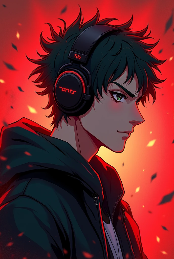 Personnage qui est charismatique avec de l'aura autour de lui en rouge et qui à un regard noir photo de profil streamer dessin animé homme cheveux courts bouclés avec un casque gamer