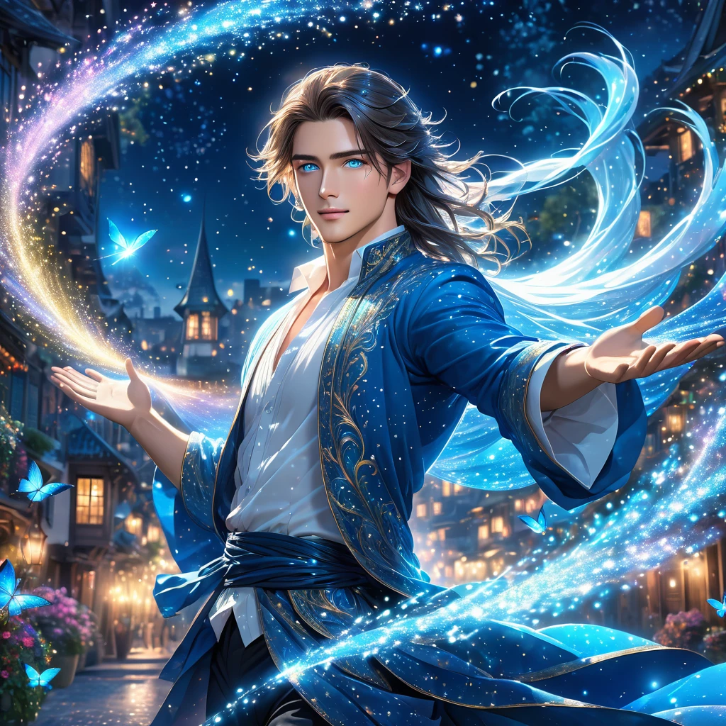 One realistic male with blue eyes and refined body with long hair  magical aura emitting magic,  flying in air in a magical fantasy world at night glitters all over 