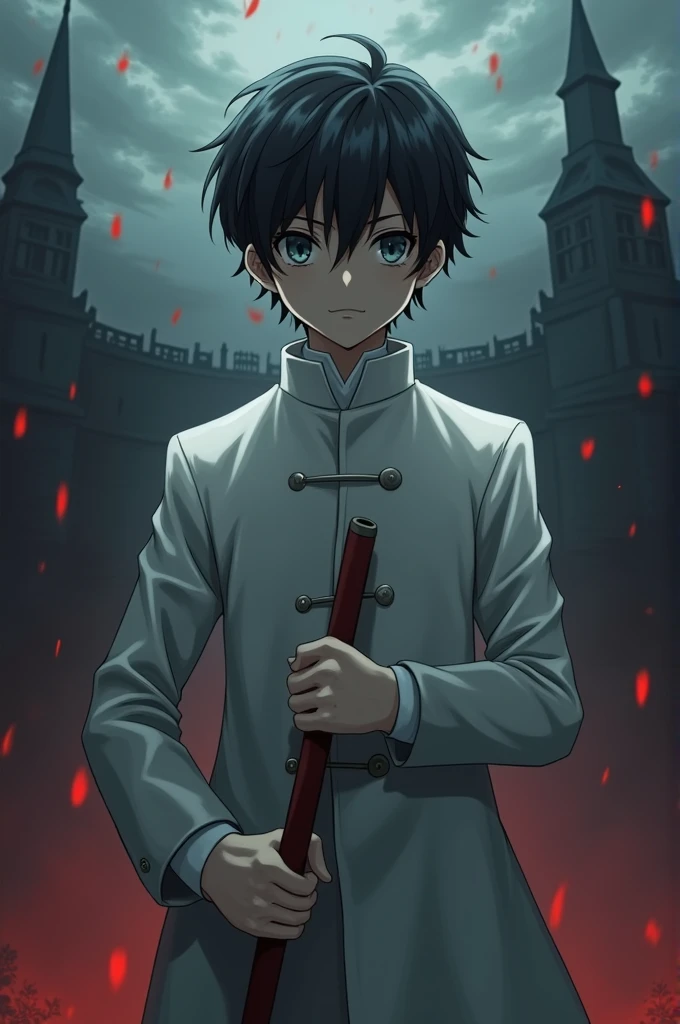 anime styled digital novel painting featuring a 15 year old, boy with dark hair, eyes, and a solemn expression. He is wearing a double breasted coat short white coat that is buttoned up on both sides of the chest. The boy is holding a sickle in his right hand, while his left hand is placed over his chest. The background is a dark, misty sky with traces of red dust falling from the sky, a silhouette building.