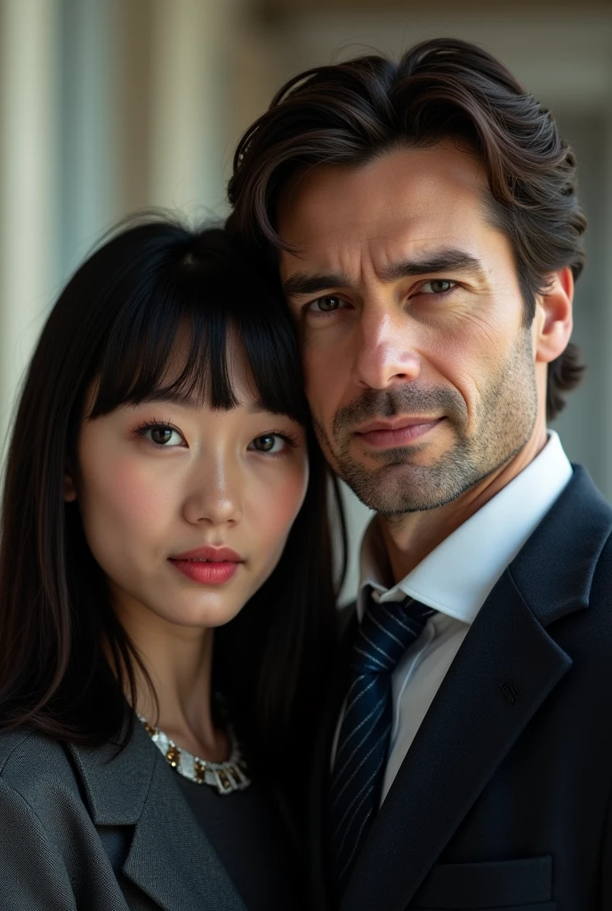 two people, Dora Wayne is a Chinese American "Daughter"(beautiful girl, American Chinese, with blue eyes and bangs, medium length hair, 22), Bruce Wayne is of Caucasian race "Father"(45 years, high, athletically built man with a strong physique. He has short brown hair, often depicted as black or dark brown. Bruce's face usually has expressive features with a strong jaw and a sharp chin, which gives him a masculine and serious look, with Caucasian appearance, Charisma, expensive suits and looks very well-groomed), Daughter и Father