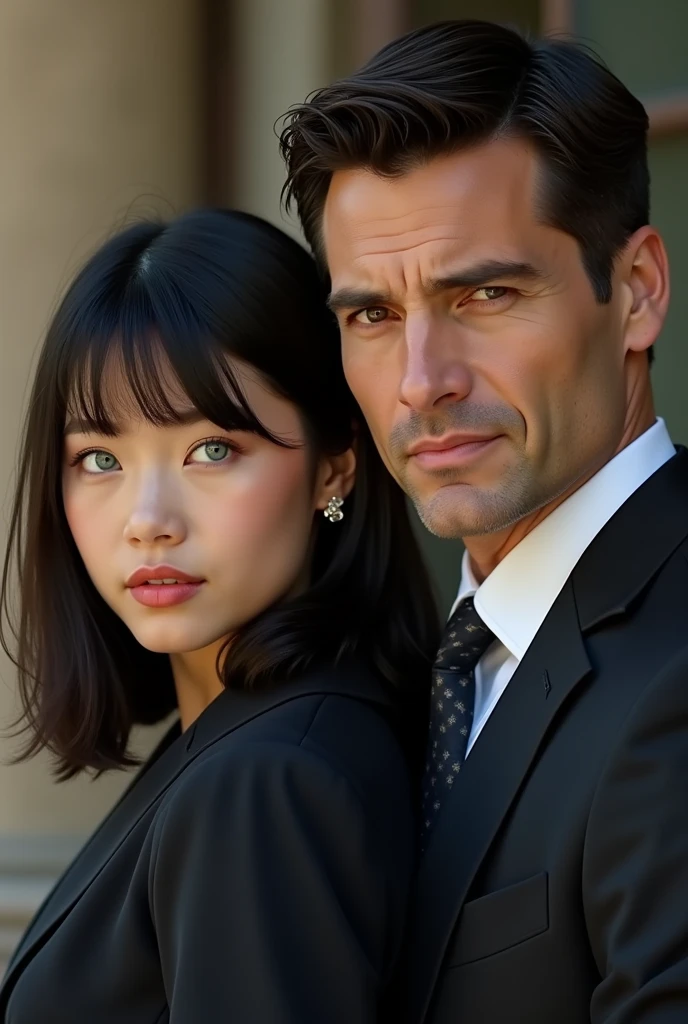 two people, Dora Wayne is a Chinese American "Daughter"(beautiful girl, American Chinese, with blue eyes and bangs, medium length hair, 22), Bruce Wayne is of Caucasian race "Father"(45 years, high, athletically built man with a strong physique. He has short brown hair, often depicted as black or dark brown. Bruce's face usually has expressive features with a strong jaw and a sharp chin, which gives him a masculine and serious look, with Caucasian appearance, Charisma, expensive suits and looks very well-groomed), Daughter и Father
