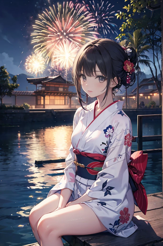 (masterpiece), 4K,woman, yukata,Small breasts,Black hair updo hairstyle,moonlight,Realistic, skinny, Move,sit,((Fireworks display)),