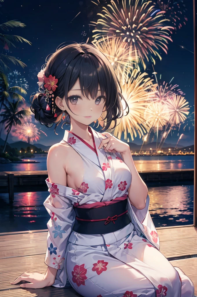(masterpiece), 4K,woman, yukata,Small breasts,Black hair updo hairstyle,moonlight,Realistic, skinny, Move,sit,((Fireworks display)),