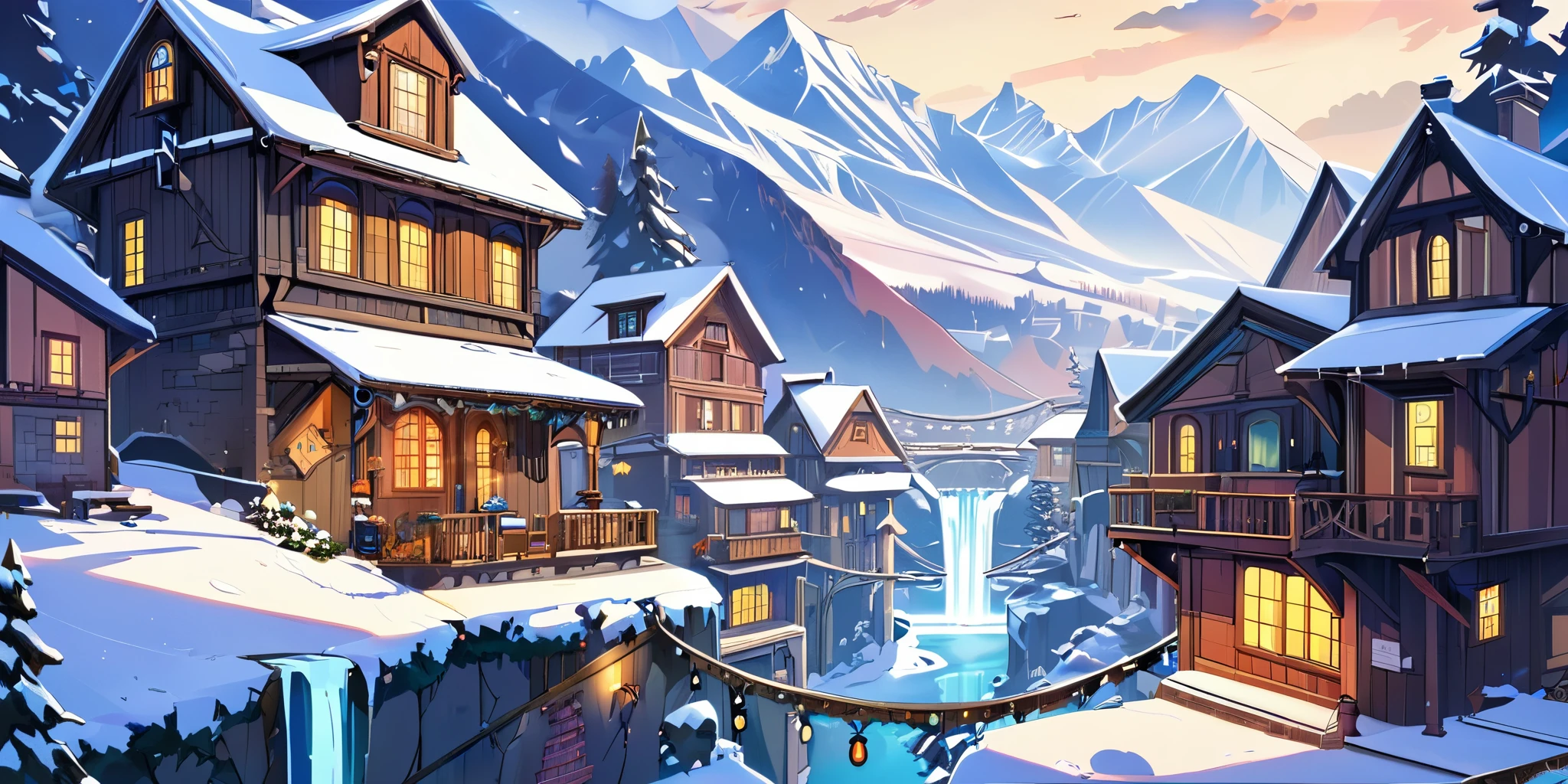 Dessinez une affiche d'anime lofi, village, mountain, Steampunk decoration, Cascade, Light, snowing, a beautiful color palette in white and blue, couleurs saturées vibrantes, ouvrages d'art, les jours, animated theme