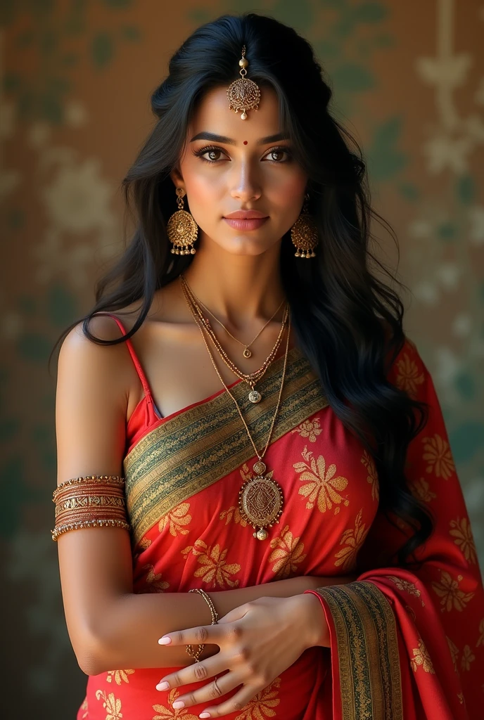 A beautiful Indian girl in a colorful saree, cleavage, big breasts, hour glass figuare, (best quality,4k,8k,highres,masterpiece:1.2),ultra-detailed,(realistic,photorealistic,photo-realistic:1.37),extremely detailed eyes and face,longeyelashes,intricate saree patterns,glowing skin,natural lighting,vibrant colors,cinematic composition, full body view, navel on display