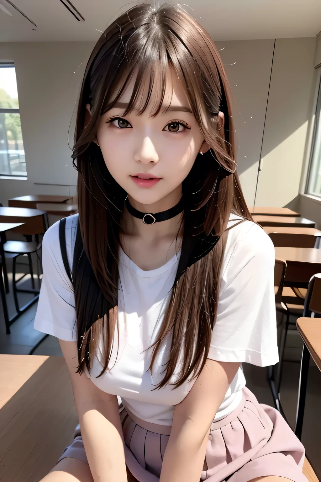 Highest quality, masterpiece, Bright lighting、8k、sf、Highest quality、masterpiece：1.2、（Tabletop：1.2)、、university student、Tabletop、RAW、Brown Hair, bangs, Long Straight Hair、16mm、Natural Makeup, Black choker, Almond Eye、Big Breasts、ultra-realistic、Bright lighting、Oppressive atmosphere、photograph、Very long eyelashes、Very long tongue、Happy expression、((Tentacles crawling out from under the clothes.)), Tentacles emerging from the body、((White T-shirt、mini skirt、uniform))、Big Breasts、Wet tentacles、Moist tentacles、Mucus、classroom、Pink tentacles、Pink tentacles crawling out of the girl、Pink tentacles coming out of a woman、Pink tentacles growing on a woman、parasitic、Woman parasitized by pink tentacles、Tentacles parasitic on a woman