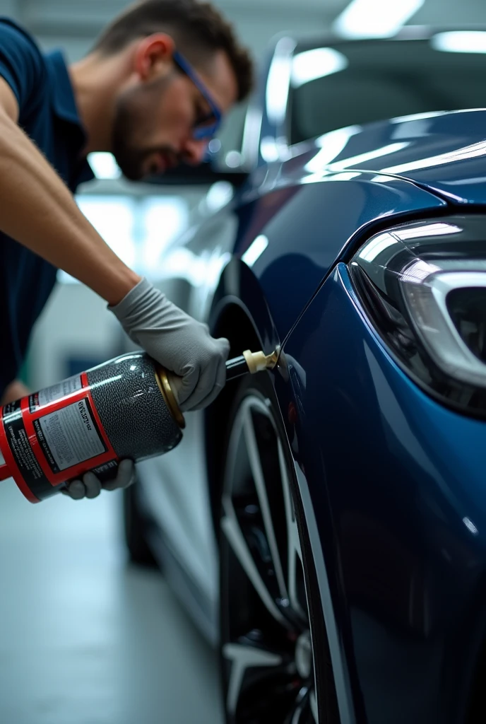 Applying Ceramic Coating:

A close-up image of a detailer applying ceramic coating to the exterior of a luxury car. The image should capture the smooth, even application of the coating, with the car's surface reflecting light beautifully. The setting should be inside a modern, well-lit workshop, highlighting the precision and care involved in the process