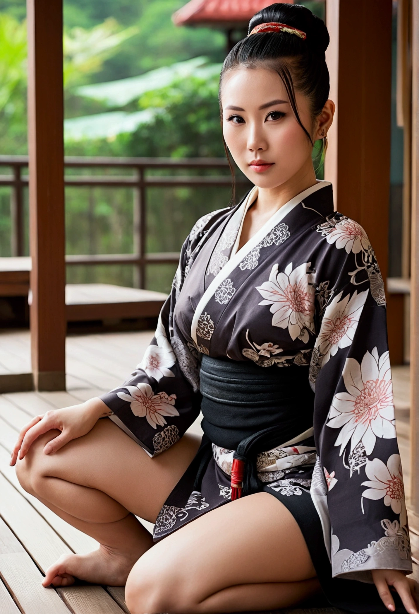 Model beautiful women,age 30s,ethnicity chinese,body type thick,skin white classic tattoos,Breast medium,ass thick thighs,face horny,hair color black,hair type hair bun,eye color brown,clothes yukata,distance full body,angle dynamic,action seductive pose,setting onsen,light cinematic,style realisme.