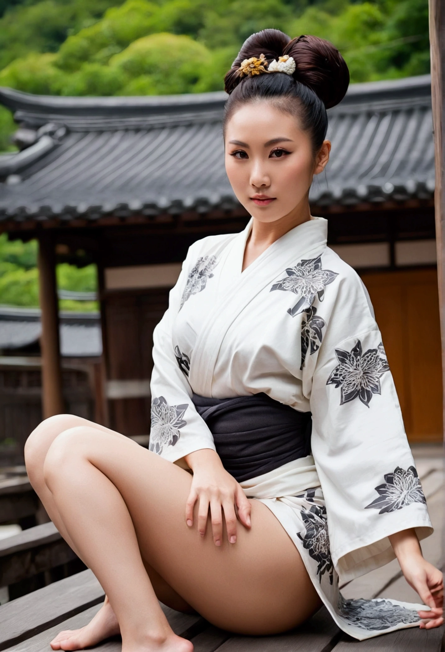 Model beautiful women,age 30s,ethnicity chinese,body type thick,skin white classic tattoos,Breast medium,ass thick thighs,face horny,hair color black,hair type hair bun,eye color brown,clothes yukata,distance full body,angle dynamic,action seductive pose,setting onsen,light cinematic,style realisme.