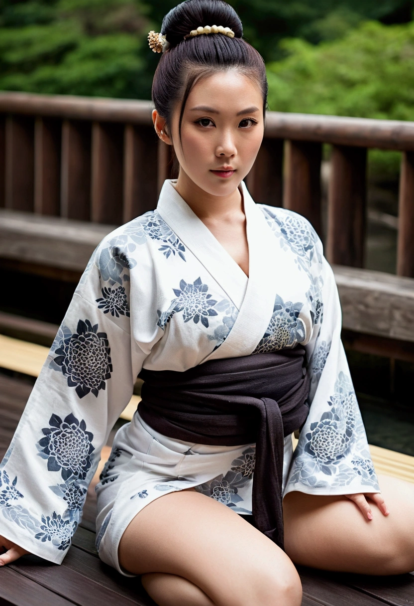 Model beautiful women,age 30s,ethnicity chinese,body type thick,skin white classic tattoos,Breast medium,ass thick thighs,face horny,hair color black,hair type hair bun,eye color brown,clothes yukata,distance full body,angle dynamic,action seductive pose,setting onsen,light cinematic,style realisme.