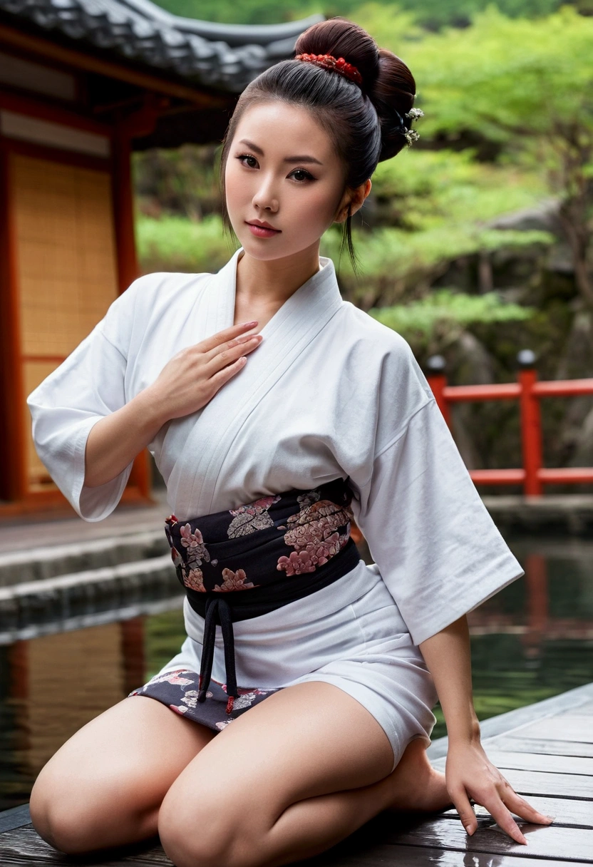 Model beautiful women,age 30s,ethnicity chinese,body type thick,skin white classic tattoos,Breast medium,ass thick thighs,face horny,hair color black,hair type hair bun,eye color brown,clothes yukata,distance  full body,angle dynamic,action seductive pose,setting onsen,light cinematic,style realisme.