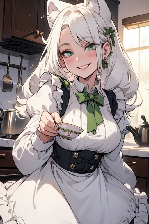 Perfect face. Perfect hands. A young white haired woman with green eyes with white wolf ears and a fluffy white wolf tail in a Lolita maid outfit is making tea in a fancy kitchen with a big smile