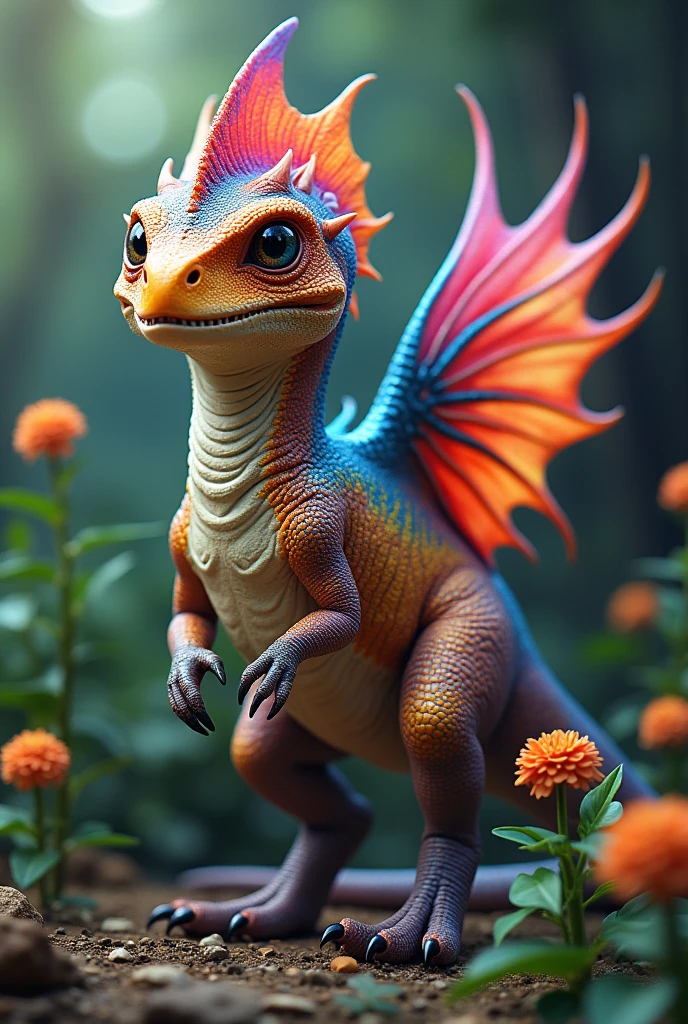 Fictional dinosaur that is between tender and threatening, colorful and poisonous depending on how colorful it is? May it be of earth and small, may it be a scavenger predator