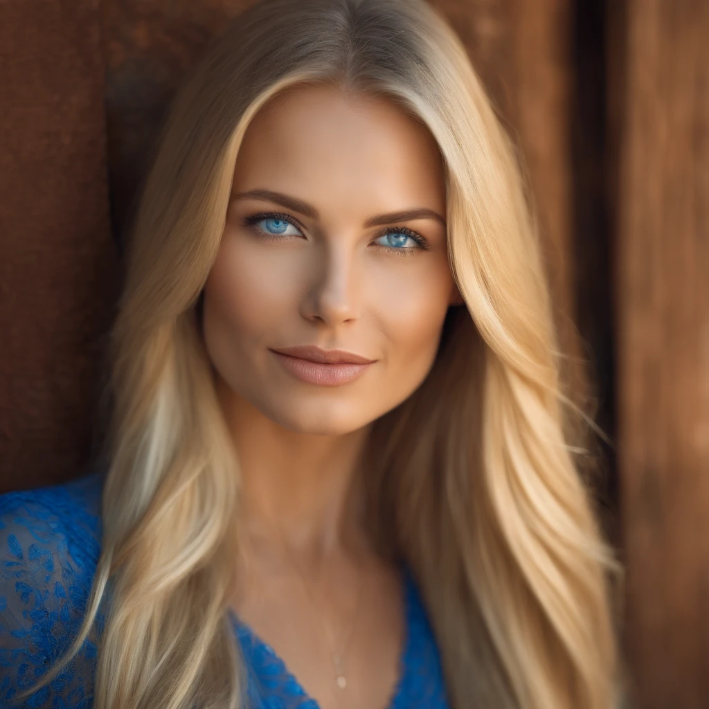 Close up photo of a beautiful caucasian woman, long straight  blond hair, light and cheerful round face, blue eyes, thin lips and thin nose.