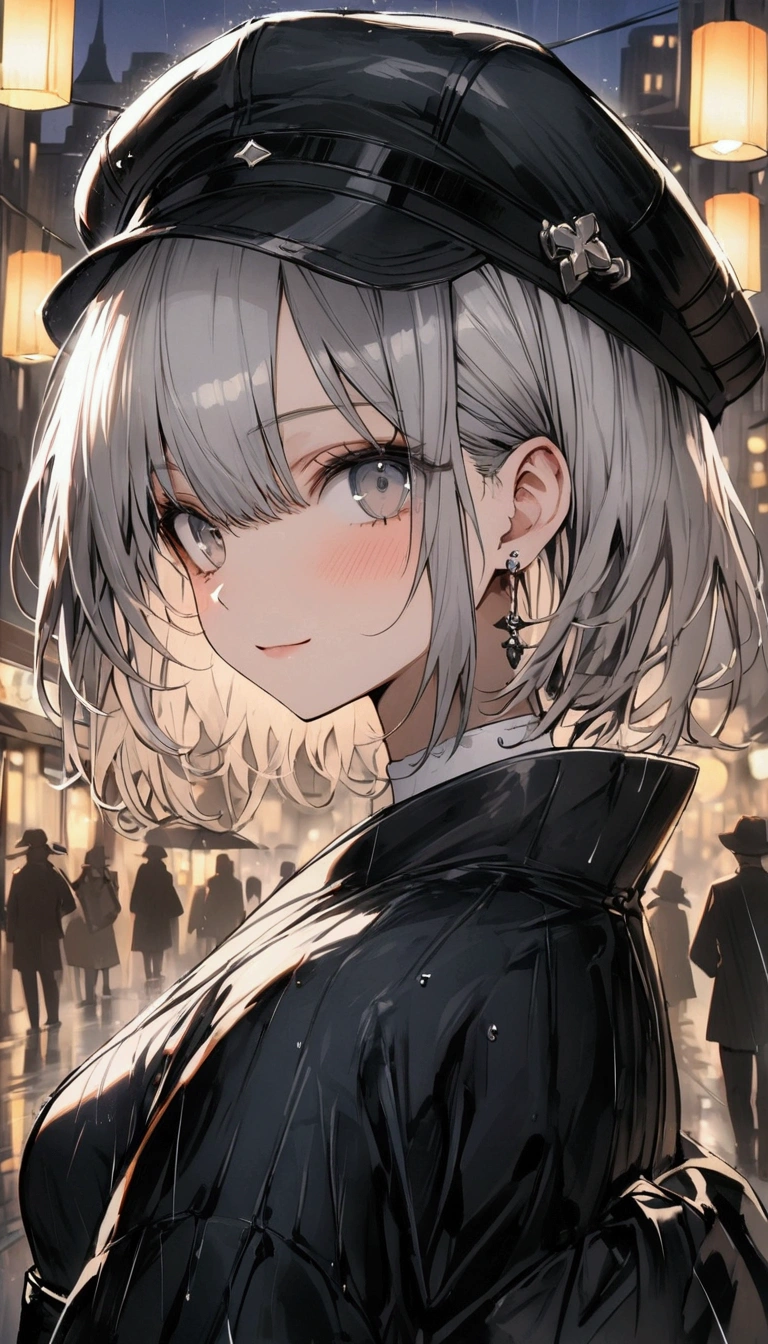 aestethic background, masterpiece, good quality, perfect quality, cute face, beautiful night city with lights, rainy day, black outfit, black hat, grey hair, short hair, grey eyes