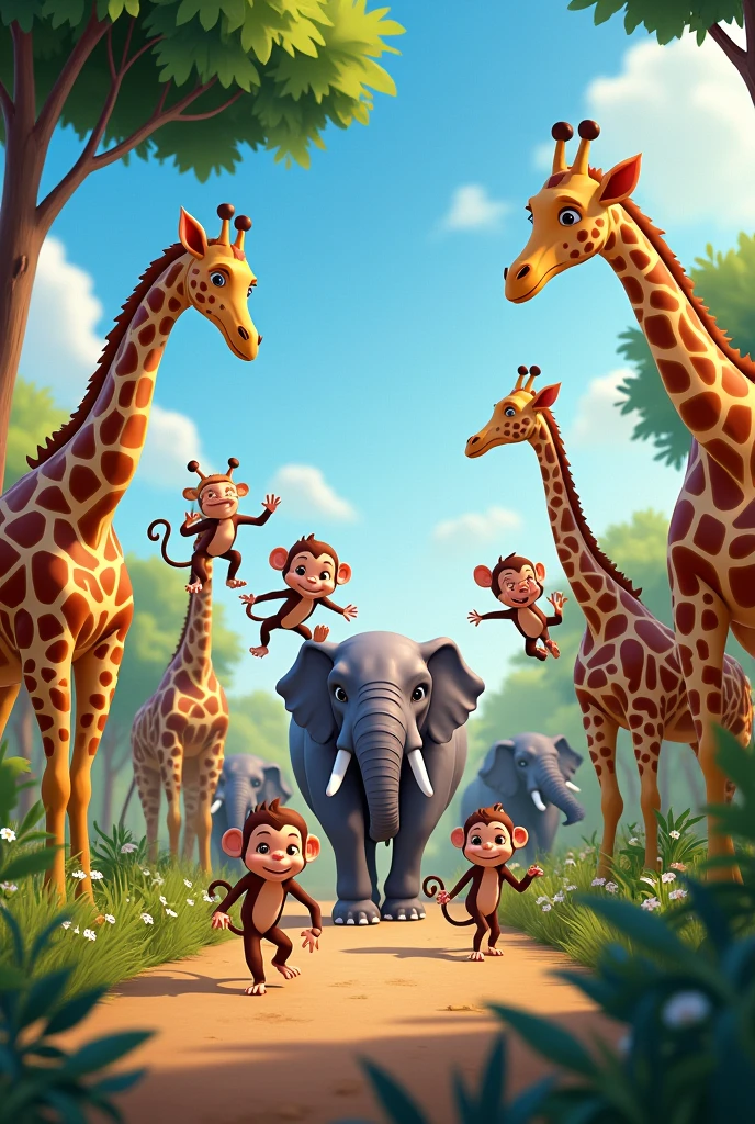 Monkeys and giraffes, and elephants in line