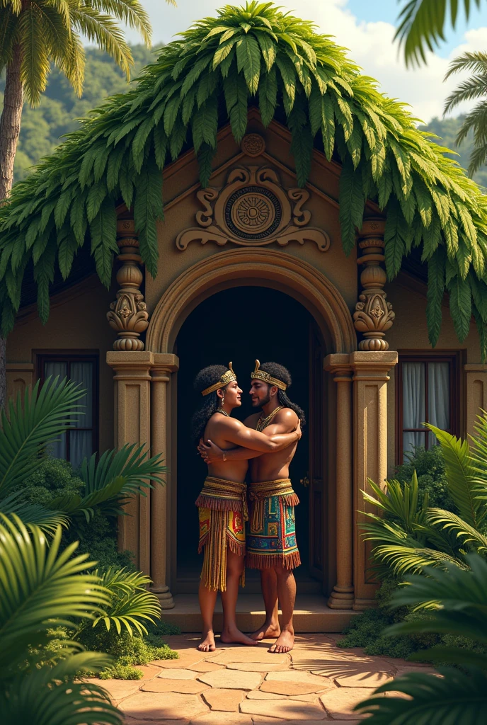 Two Inca barons hugging at the door of a house, but the house is two stories high and has to be jungle-like with a roof of green leaves. 