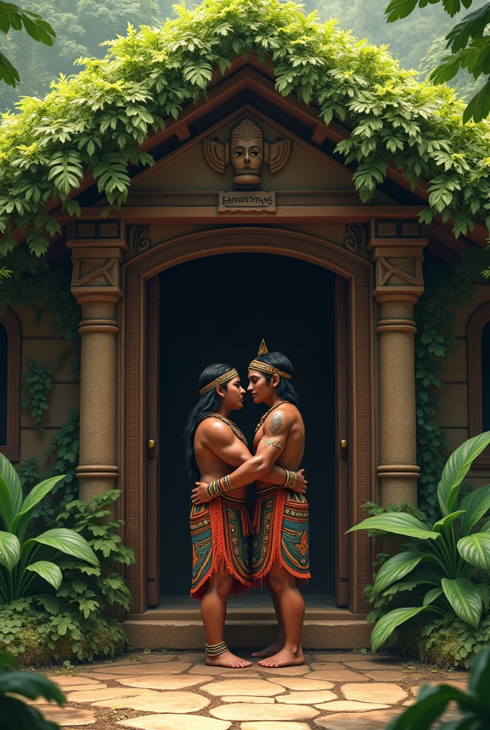 Two Inca barons hugging at the door of a house, but the house is two stories high and has to be jungle-like with a roof of green leaves. 