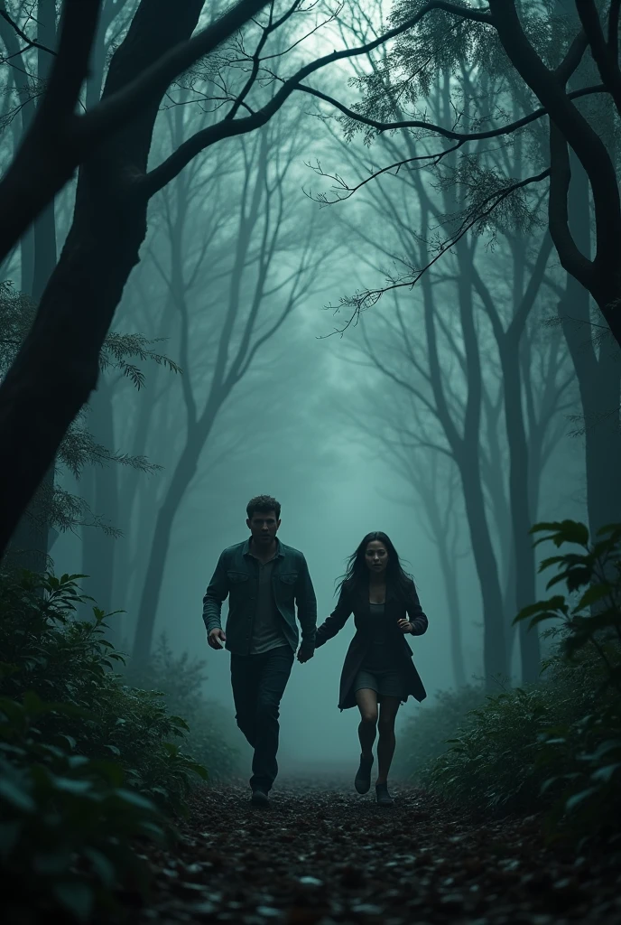 A couple running away through a dark forest grabbing hands and looking back