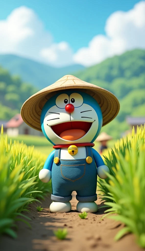 Doraemon dressed as a farmer wearing a conical hat to help people harvest rice 3D image