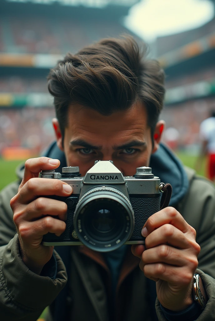 An old camera close-up, with a photographer trying to capture the action while the game is happening in the background. Adds a sense of urgency and frustration.Realista,cinematic,8k