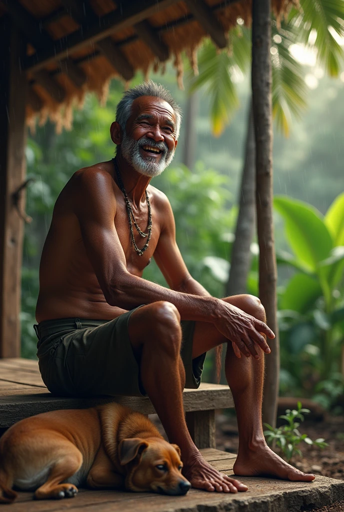 ( photo realism 1.2) photo realistic high detailed old native male smile sitting on jungle hut with dog sleeping under the dog after rain morning mode with campfire cinematic