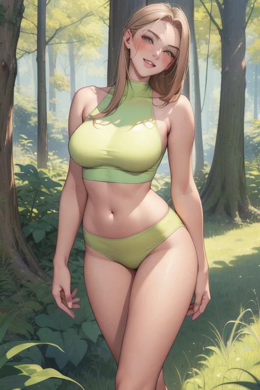 (masterpiece), (best quality), 1girl, (perfect face:1.2), (beautiful face:1.2), platinum blonde hair, happy, light smile, looking at viewer, pose,
Best Picture, Masterpiece, 4K, High Quality, One Adult
Woman. The woman has brown hair. Her hair is straight, bobbed. Long slit eyes, green eyes,
Model like beauty, perfect proportions. Perfect legs. Perfect arms. Tank top, navel-grazing look, hot pants. High heels.
(A woman stands in the grass in the woods.
She has a blush on her cheeks and a mischievous smile on her face.