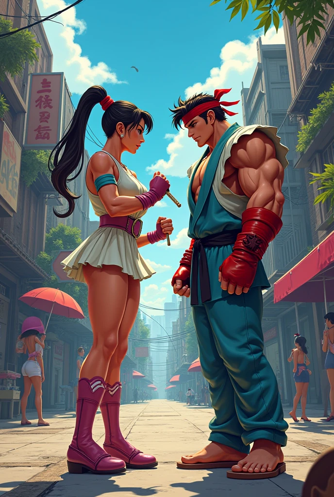 Chun-li fighting Ryu from behind, nunchaku in hand, in the style of (((Street-Fighter game))) with a Niji cartoon aesthetic, modern anime interpretation, fantasy elements, eerie atmosphere, intricate details, elegant composition, super highly detailed characters and background, professional digital painting techniques, artstation quality, concept art approach, 8k resolution, artistic fusion of styles reminiscent of Artgerm, Eiichiro Oda, and Koyoharu Gotouge, dynamic action pose, vibrant color palette, exaggerated proportions, sharp line work, dramatic lighting effects, intense facial expressions, fluid motion lines, detailed street background, blend of 2D and 3D elements, cinematic framing, high contrast shadows.