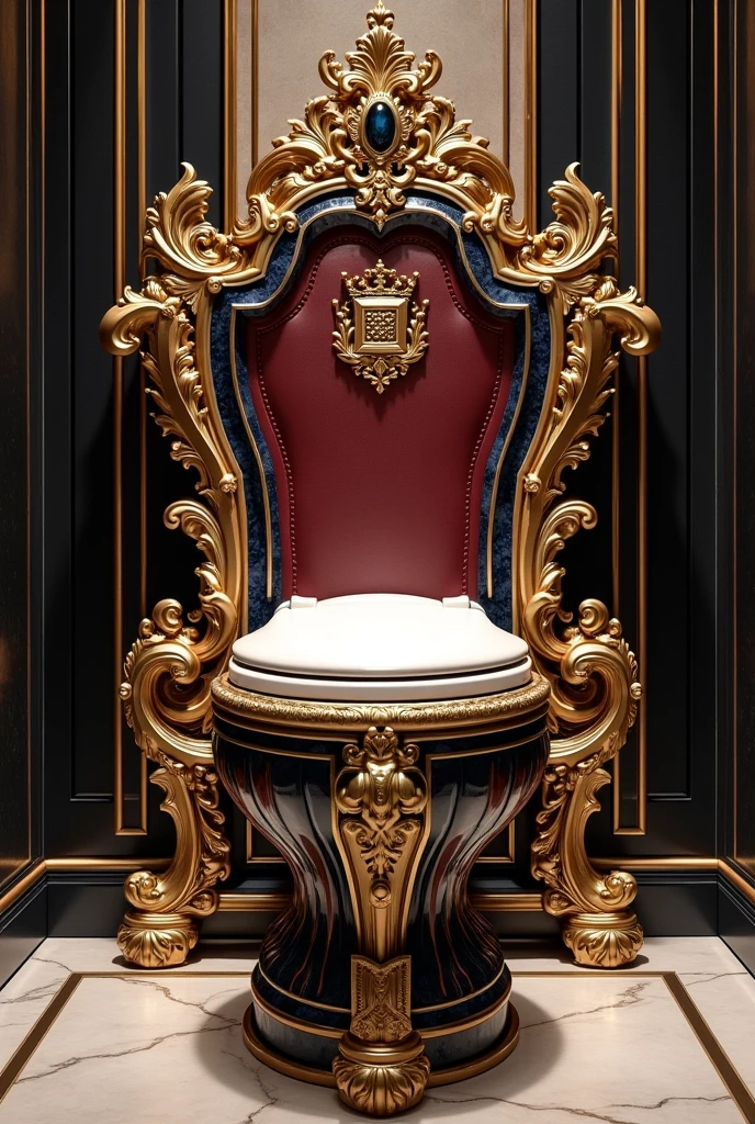Create an image of a luxury, elegant toilet with a completely new design that combines royal and imperial styles. The toilet should have an ornate, majestic shape with intricate detailing reminiscent of a throne. Include elements like gold or bronze accents, luxurious materials like marble or polished porcelain, and possibly a plush, cushioned seat. The design should evoke a sense of regality and sophistication, with decorative motifs such as crowns, royal crests, or classic baroque patterns. The color palette should include rich tones like deep burgundy, royal blue, and gold to emphasize the opulence and grandeur. The overall look should be fit for a palace, blending modern functionality with timeless elegance.