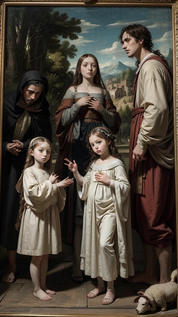 I need to create some images of Renaissance paintings on an AI website that generates images and I need a very good command for that, create a command specifying that I want a Renaissance painting of two children in angelic robes, but they have sheep's heads, the two are picking apples in the dark forest and with beautiful Greek features