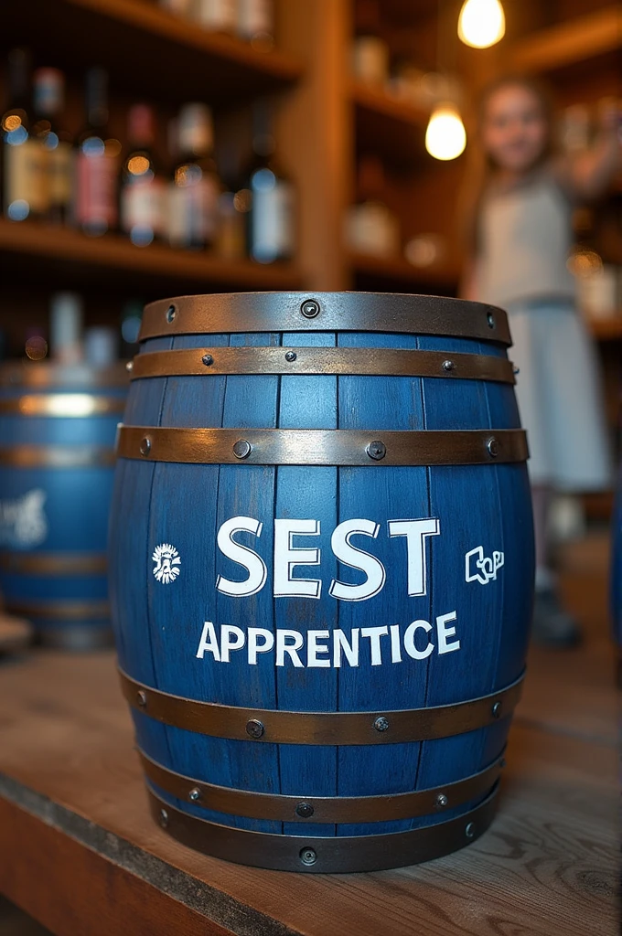 Create a blue beer barrel: written SEST SENAT young apprentice 