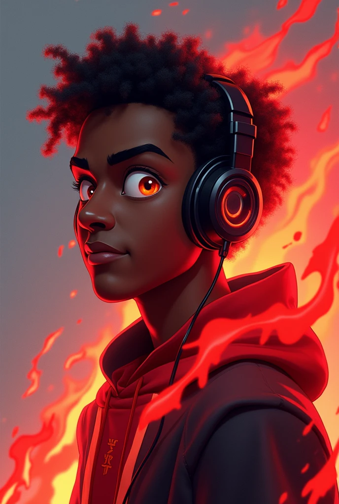 Personnage qui est charismatique avec de l'aura autour de lui en rouge et qui à un regard noir photo de profil streamer dessin animé homme noir cheveux courts bouclés avec un casque gamer 