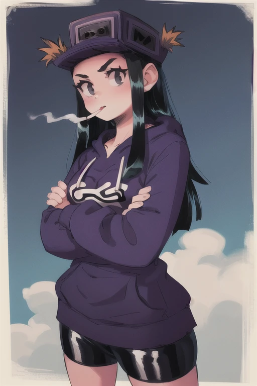 masterpiece, best quality,  cassettegirl, hat, purple hoodie, short shorts, cityscape, sky, clouds, graffiti, upper body, looking at viewer, crossed arms, cigarette in mouth, from above