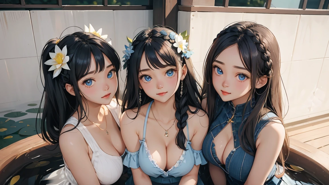 ( 3 girls),smile、Look into the camera、diamond necklace、braided hair, Wear a denim skirt and a random colored tank top that reveals your upper arms.、Extra long twin tail feathers、Flower Hair Ornaments、 Masterpiece, Highest quality, 8ก, beautiful girl, young face、 photography, Cute face, thigh,(Sitting in a lotus pond),、รอยsmile、small waist, blue eyes(((The chest is erect...)))(((round chest)))(((big breasts:1.2)))