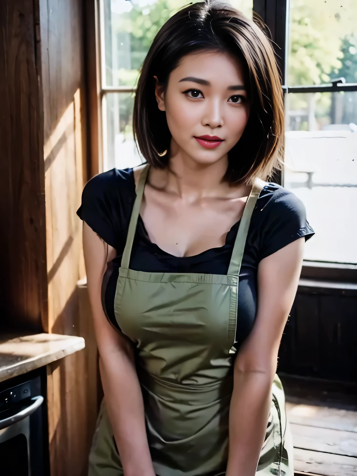cool beautiful Indonesian girl, looks sweet, bob haistyle, (only wearing a dark green Starbucks apron, off-shoulder), shows collarbone, shows big thighs, curvaceous body, big breasts, full body photo, pose sitting on a chair. Side view. And. At the coffee shop. full HD 8K