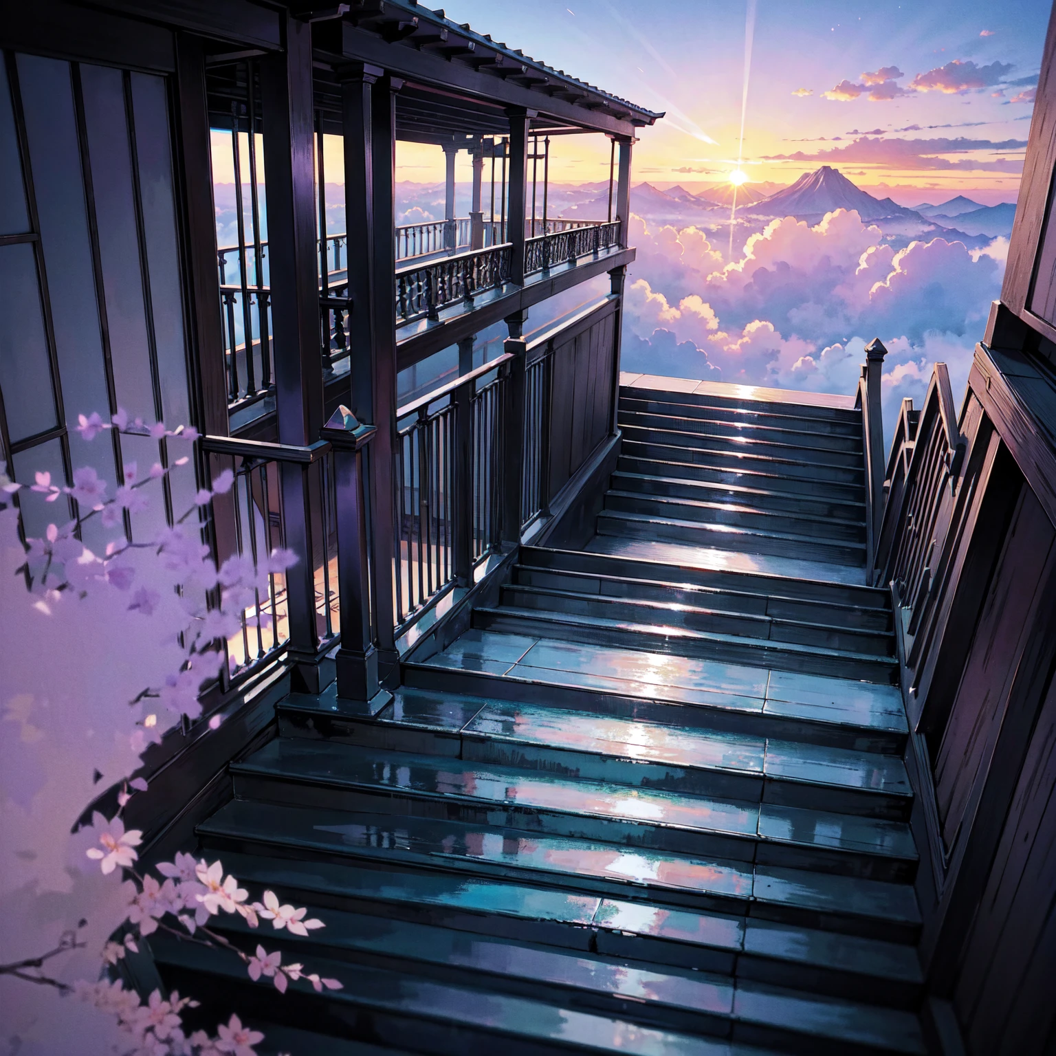 The only structure present in the painting is a simple staircase made of iron. There is no land. There are no walls. The background is nothing but stairs and clouds. A girl with long violet-purple hair. A kind, full smile. Pointy elf ears. Her clothes are simple: a black robe with wide sleeves and a black miniskirt. Her knees are showing. There is a V-shaped white insert in the front, like a kimono. A witch's hat with purple ribbons on each side. Black boots. Background, bright painting, Makoto Shinkai, only endless stairs, stairs above clouds, illustration, nostalgic, vivid, bright, sunset. A maze of connected stairs. A labyrinth of stairs. Not touching land. A simple iron staircase. Decaying old staircase.