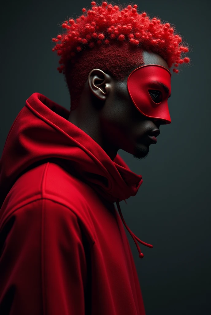 A BLACK profile character with short, curly red hair, wearing a red mask, a red hood, and is handsome.