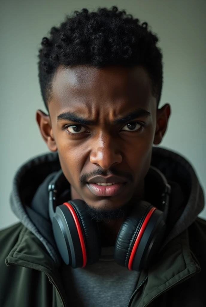 Somali boy, 23 years old, angry, jacket dress and also look like murder, profile picture, listening headphones