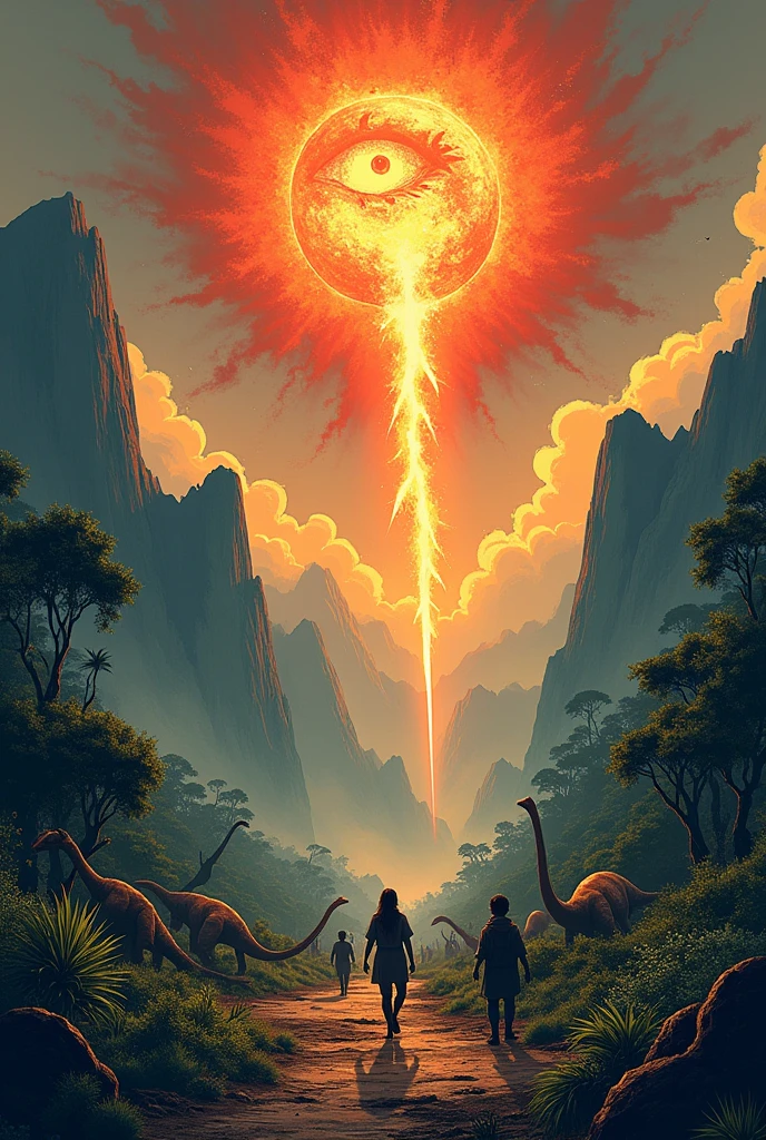 Recreate the dinosaur apocalypse using Sauron from The Lord of the Rings as the meteor..
Integrated in a simple illustration style