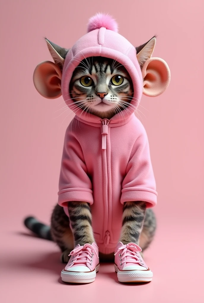A cat wearing a pink monkey and pink All Stars