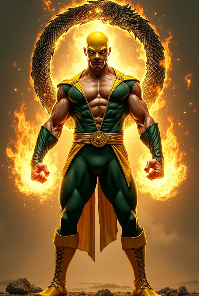 Iron Fist, Marvel, 1man, shirtless, martial arts, yellow mask covering upper face, white eye patterns with black outline, muscular, green costume, yellow belt and boots, burning fists, black dragon tatto shapes into a circle, dragon aura, mystical
