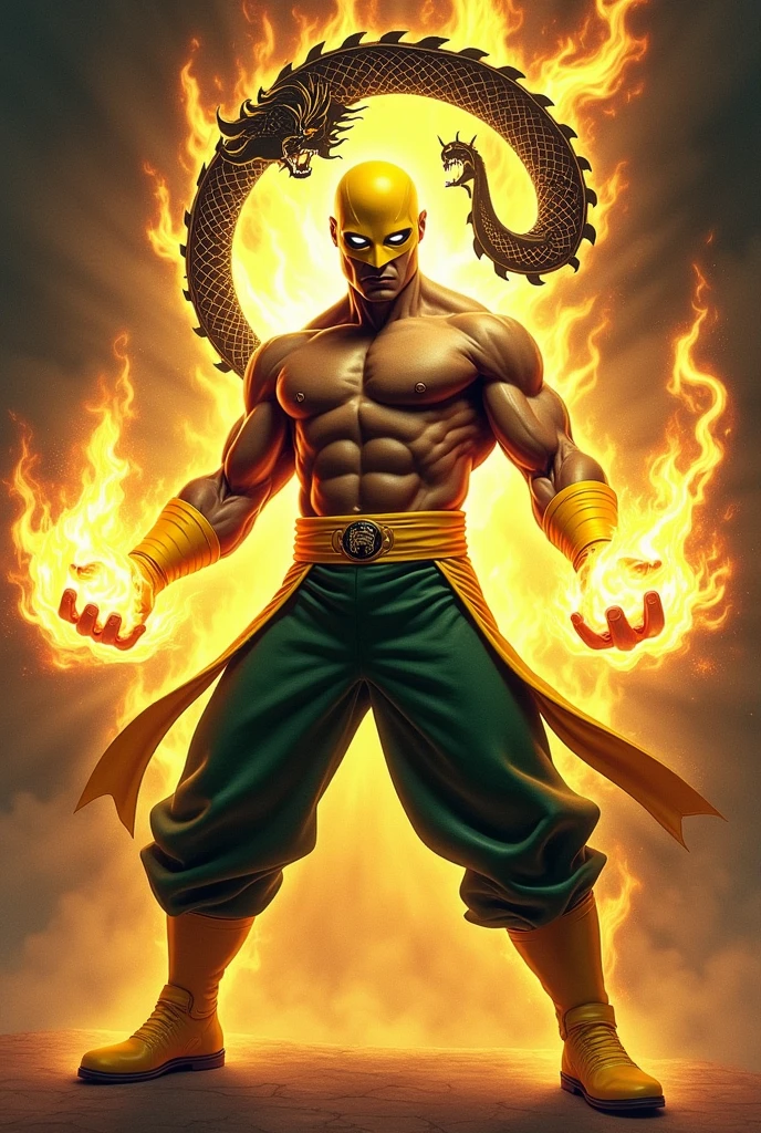 Iron Fist, Marvel, 1man, shirtless, martial arts, yellow mask covering upper face, white eye patterns with black outline, muscular, green costume, yellow belt and boots, burning fists, black dragon tatto shapes into a circle, dragon aura, mystical